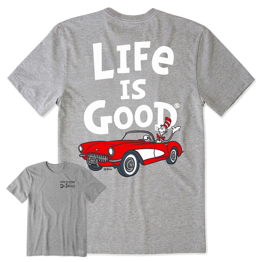 Life Is Good Dr Seuss Cat in the Hat Crusher Tee Mens Large Gray T Shirt NEW!